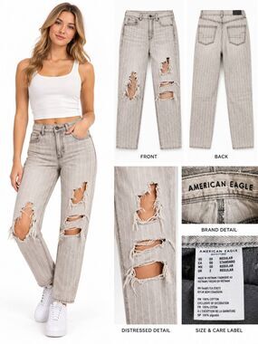 American Eagle Gray Distressed Pinstripe Straight Leg Jeans Women’s Size 00 Regu
